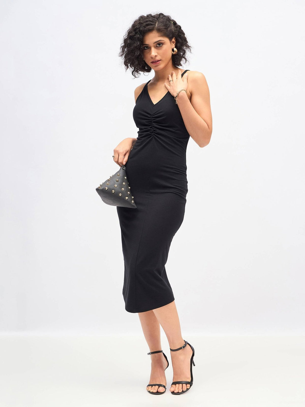 Women Black Strappy Front Ruched Dress