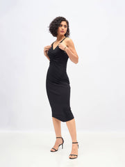 Women Black Strappy Front Ruched Dress