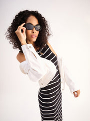 Women Black White Stripe Midi Dress