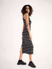 Women Black White Stripe Midi Dress