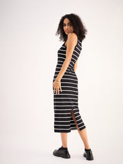 Women Black White Stripe Midi Dress