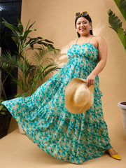 Women Green Floral Strappy Maxi Dress