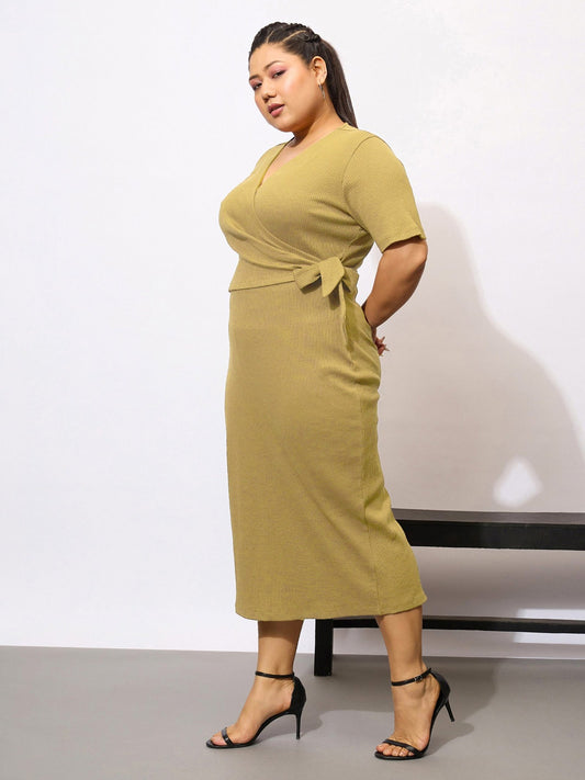 Women Khaki Rib Side Knot Bodycon Midi Dress