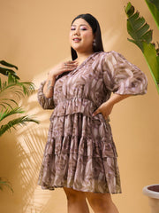 Women Brown Tropical Printed Frill Short Dress