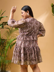 Women Brown Tropical Printed Frill Short Dress