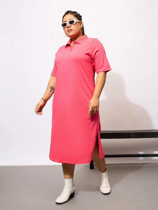 Women Fuchsia Polo Neck Detail T Shirt Dress