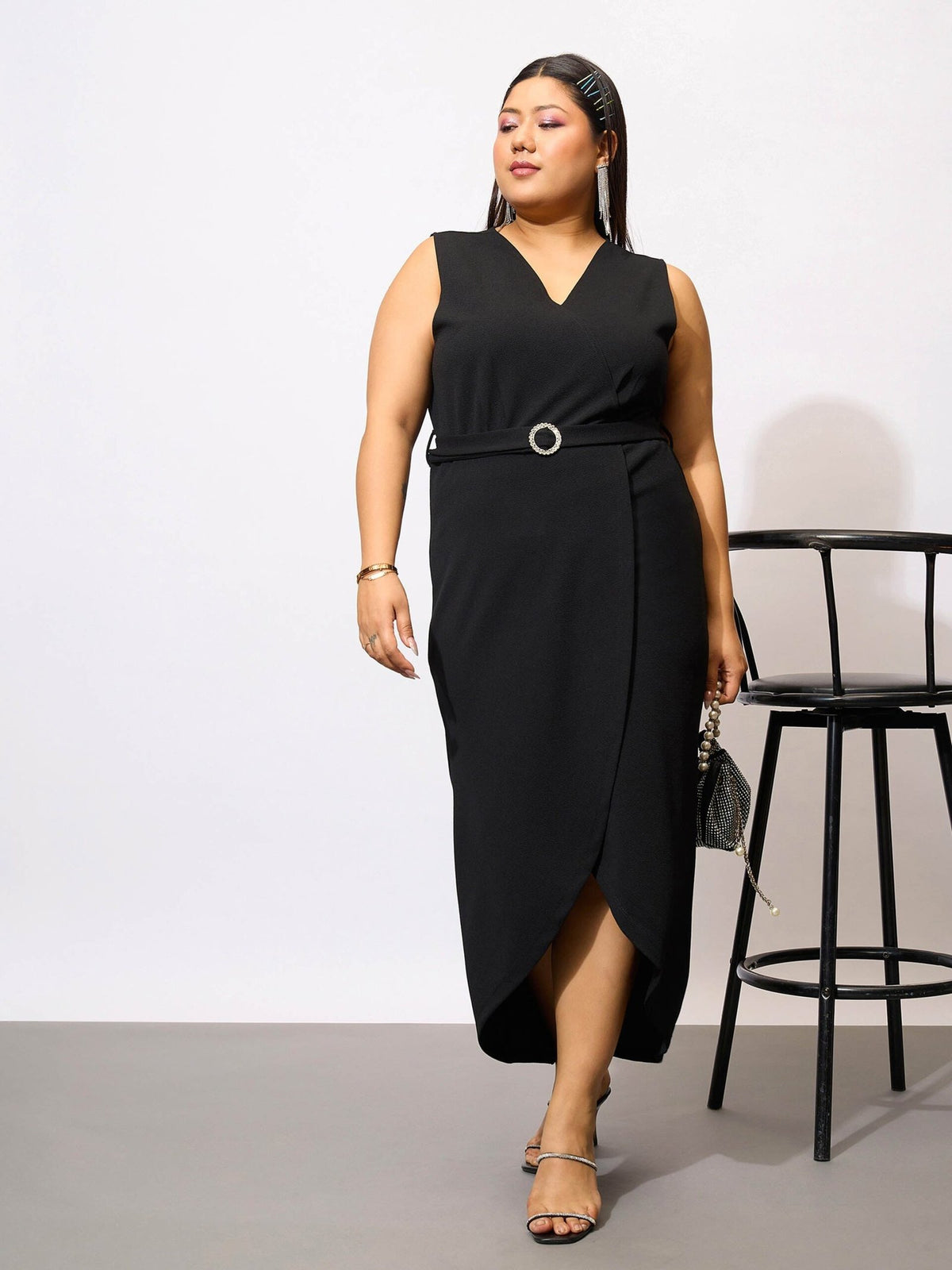 Women Black Front Wrap Bodycon Dress