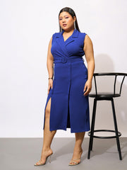 Women Royal Blue Front Mock Button Bodycon Dress