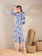 SASSAFRAS-Women Navy Floral Sweetheart Neck Midi Dress