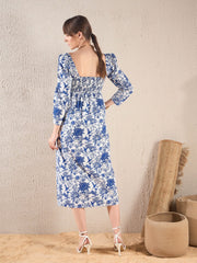 SASSAFRAS-Women Navy Floral Sweetheart Neck Midi Dress