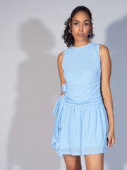 Women Blue Mesh Tiered Short Dress