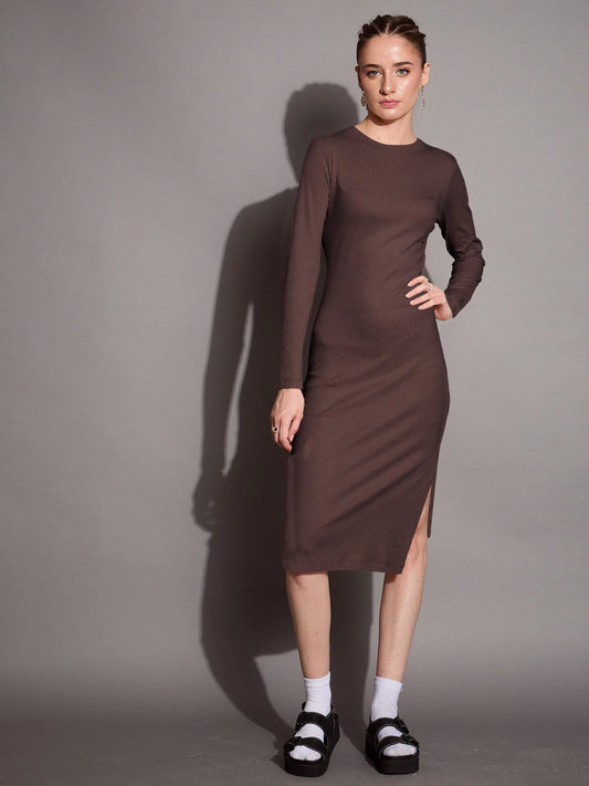 Women Brown Ribbed Side Slit Bodycon Dress