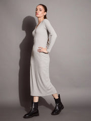 Women Grey Melange Ribbed V-Neck Full Sleeves Bodycon Dress