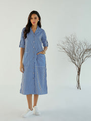 Women Blue & White Stripe Notch Collar Midi Dress