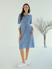 Women Blue & White Stripe Contrast Collar Midi Dress