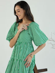 Women Green & White Stripe V-Neck Tiered Dress