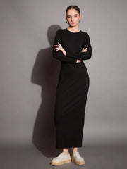 Women Black Ribbed Bodycon Maxi Dress