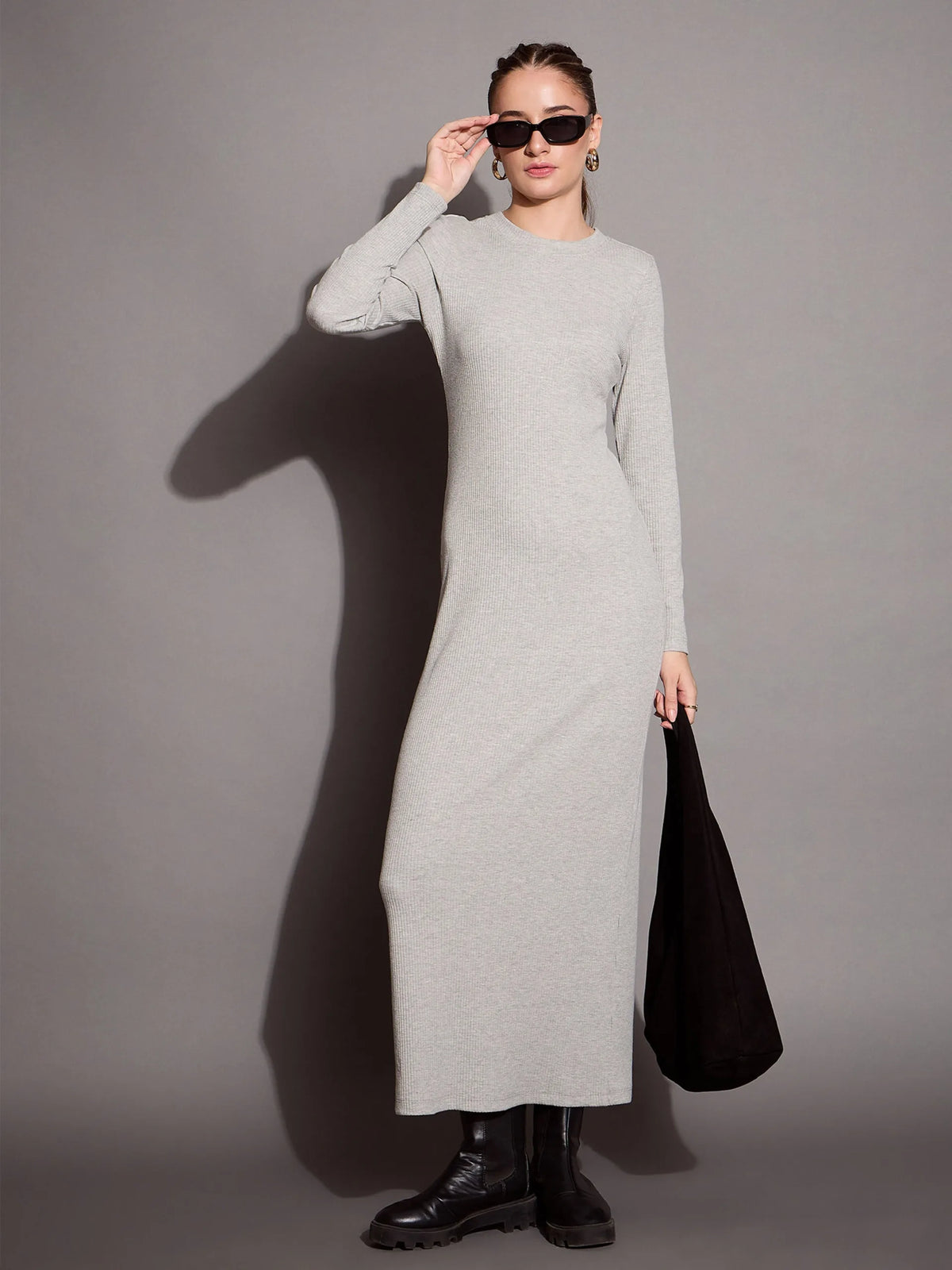 Women Grey Melange Ribbed Bodycon Maxi Dress