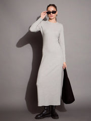 Women Grey Melange Ribbed Bodycon Maxi Dress