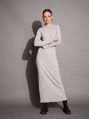 Women Grey Melange Ribbed Bodycon Maxi Dress