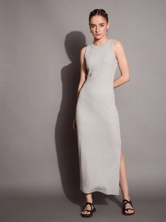 Women Grey Melange Ribbed Sleeveless Bodycon Maxi Dress