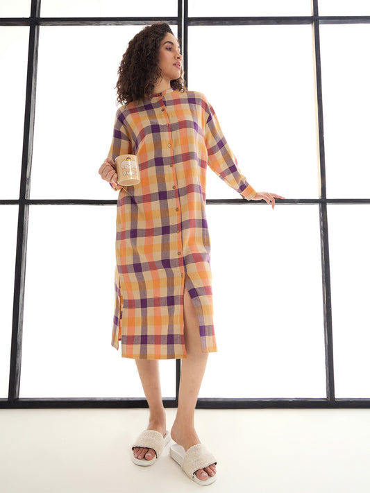 Women Beige & Orange Mandarin Collar Longline Shirt Dress