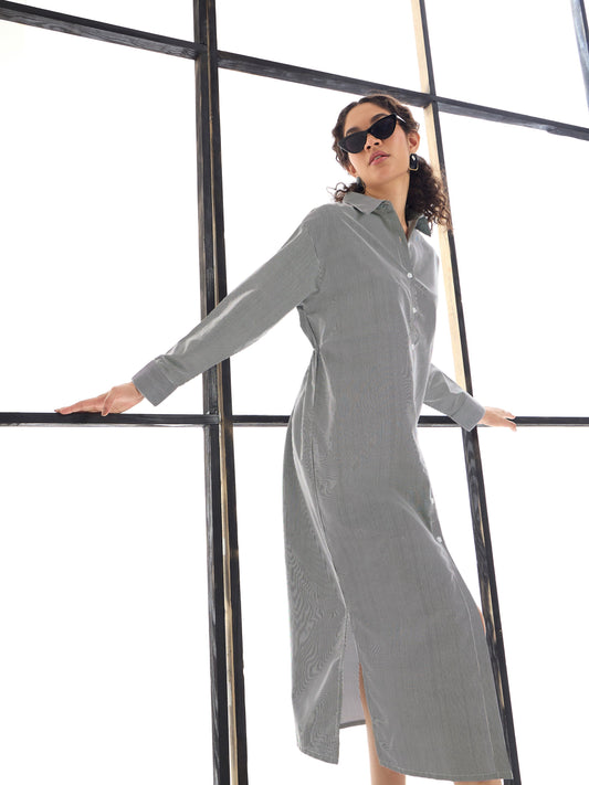 Women Black & White Stripes Lounge Longline Shirt Dress