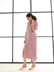 Women Maroon & White Stripes Lounge Longline Shirt Dress