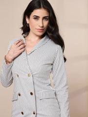 Women White Striped Double Breasted Blazer Dress