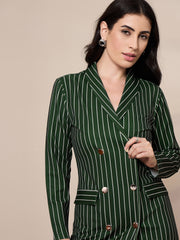 Women Green Striped Double Breasted Blazer Dress