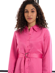 Women Pink Belted Satin Shirt Dress