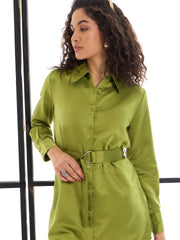 Women Olive Belted Satin Shirt Dress