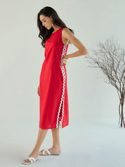 Women Red Ric Rac Lace Sleeveless Straight Dress