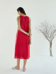 Women Red Ric Rac Lace Sleeveless Straight Dress