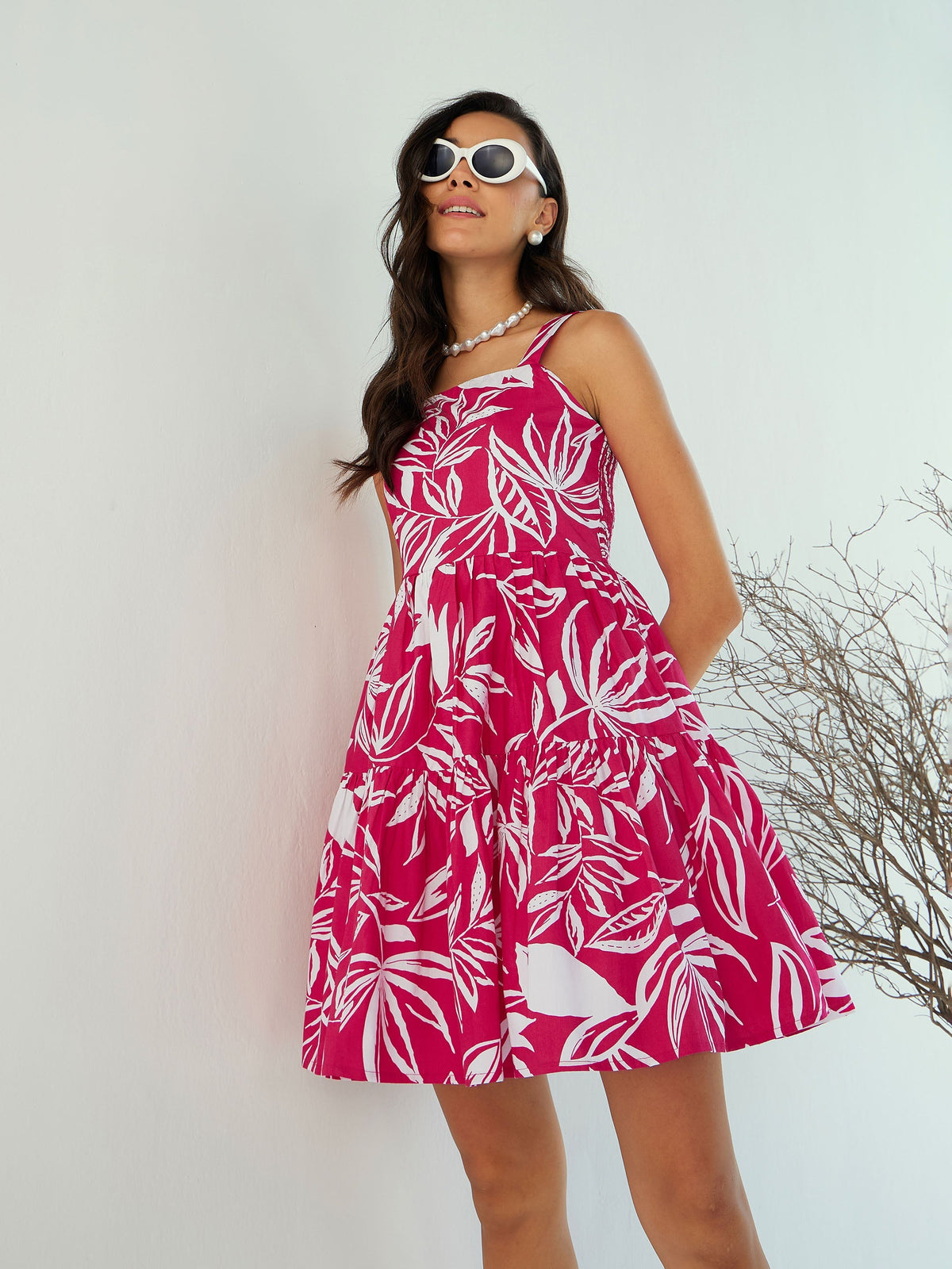 Women Fuchsia & White Strappy Dress