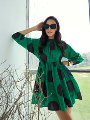 Women Green Back Cut Out Polka Dot Dress