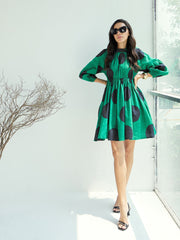 Women Green Back Cut Out Polka Dot Dress