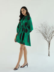 Women Green Back Cut Out Polka Dot Dress