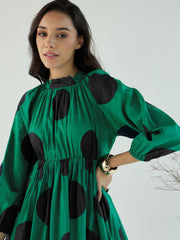 Women Green Back Cut Out Polka Dot Dress