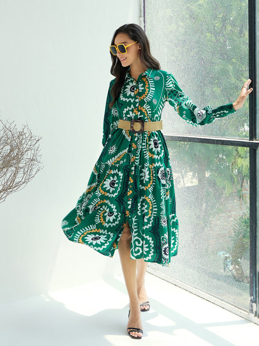 Women Green Floral Front Button Midi Dress