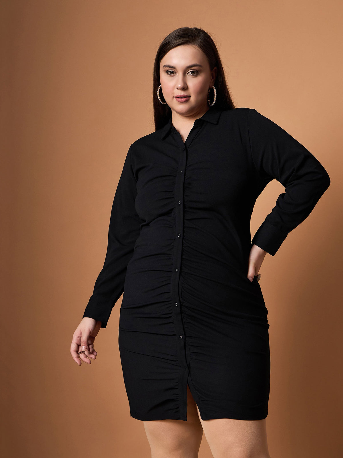 Women Black Front Button Ruched Dress