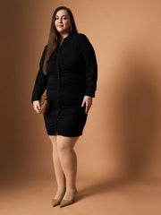 Women Black Front Button Ruched Dress