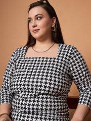 Women Black & White Houndstooth Ruched Dress