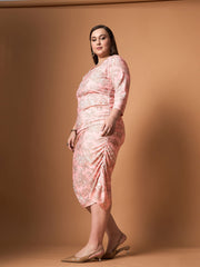 Women Pink Floral Ruched Dress