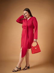 Women Red Front Knot Detail Short Dress