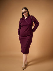 Women Burgundy Full Sleeves Midi Dress