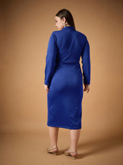 Women Royal Blue Full Sleeves Midi Dress