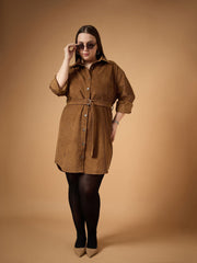 Women Brown Corduroy Front Button Dress