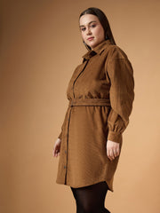 Women Brown Corduroy Front Button Dress