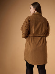 Women Brown Corduroy Front Button Dress